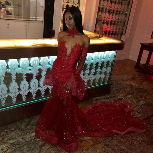 sheer neck red mermaid evening dresses with flare long sleeve sequined celebrity dress sweep train prom party gowns, Black;red
sheer neck red mermaid evening dresses with flare long sleeve sequined celebrity dress sweep train prom party gowns, Black;red