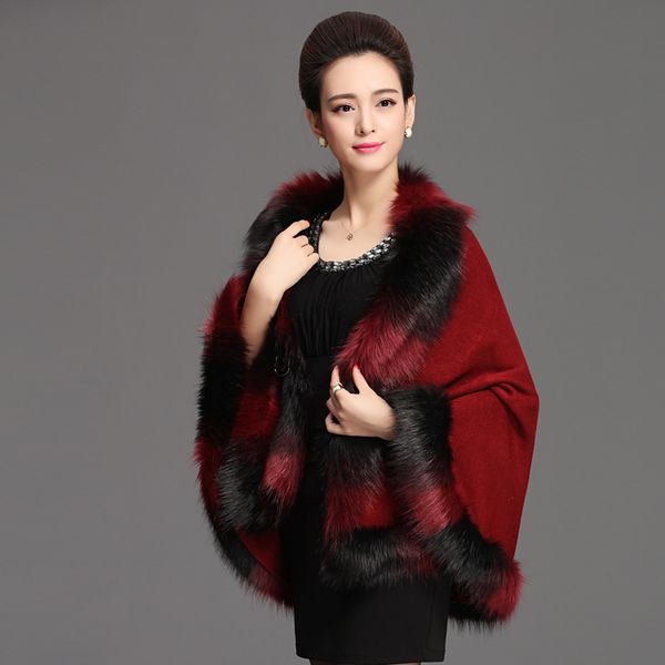 

autumn winter women's long cardigans fake fur collar cashmere sweaters shawl knitted cardigan poncho cape big yards q6-65f, Black