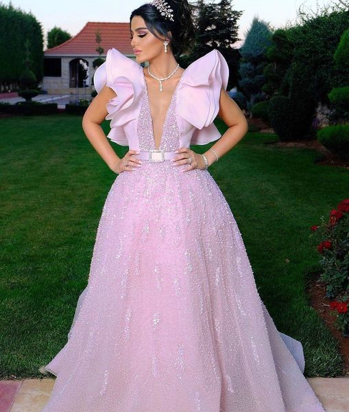 2019 arabic pink evening dresses a line deep v neck lace sequins pearls cap sleeves prom party gowns custom made formal dress, Black;red
2019 arabic pink evening dresses a line deep v neck lace sequins pearls cap sleeves prom party gowns custom made formal dress, Black;red