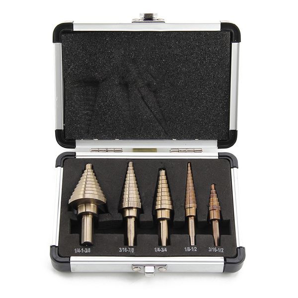 5 pcs large titanium hss step cone drill hole cutter bit set tool + case 
5 pcs large titanium hss step cone drill hole cutter bit set tool + case