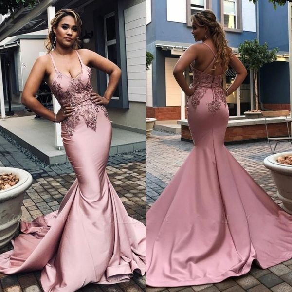 fashion spaghetti strap satin mermaid prom dresses zipper back sweep train evening gowns with applique beads, Black
fashion spaghetti strap satin mermaid prom dresses zipper back sweep train evening gowns with applique beads, Black