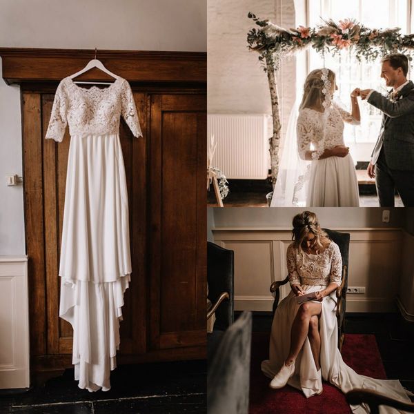 2020 lace wedding dresses scoop neck appliques half long sleeve a line high low bridal gowns custom made plus size robes de mariée, White
2020 lace wedding dresses scoop neck appliques half long sleeve a line high low bridal gowns custom made plus size robes de mariée, White