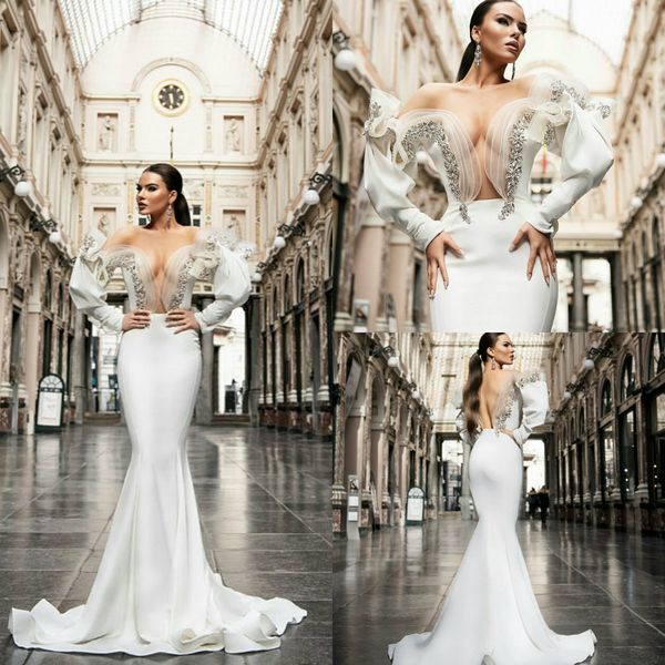 2021 mermaid wedding dresses illusion bodice off shoulder long sleeves lace beads satin bridal gowns sweep train beach robe de soiree, White
2021 mermaid wedding dresses illusion bodice off shoulder long sleeves lace beads satin bridal gowns sweep train beach robe de soiree, White