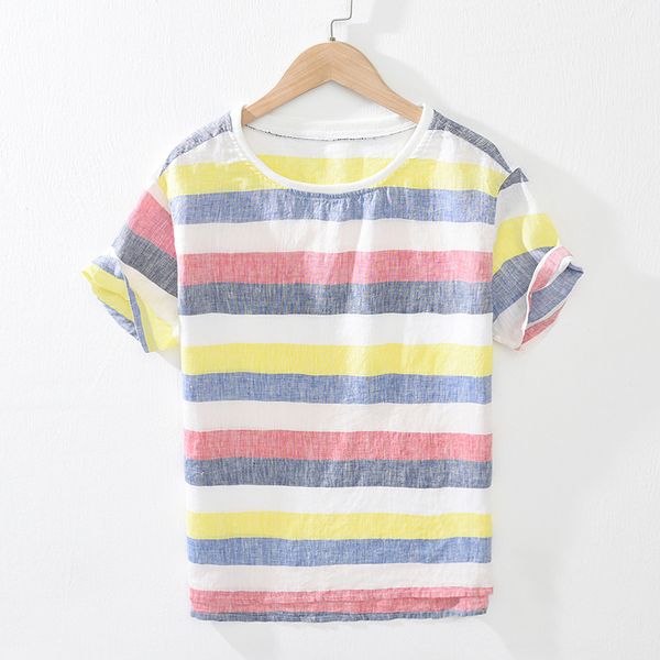 men summer japan style round neck candy color stripped short sleeve 100% linen slim fit casual loose t-shirt male thin tee, White;black
men summer japan style round neck candy color stripped short sleeve 100% linen slim fit casual loose t-shirt male thin tee, White;black