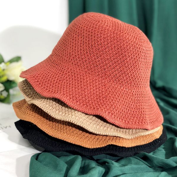 

summer knit breathable bucket hats women solid korea all match sun protector hat dome outdoors casual caps collapsible 56-58cm, Blue;gray