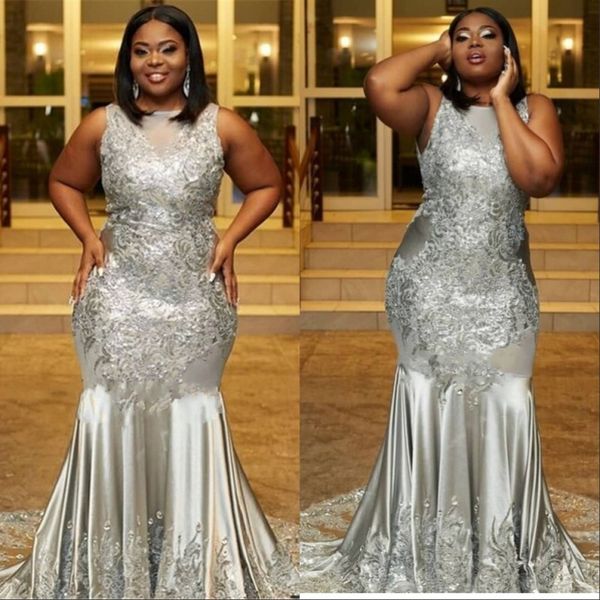 

Gorgeous African Plus Size Sexy Prom Party Dresses 2019 Mermaid Sleeveless Lace Appliques Zipper Back Formal Evening Gowns
