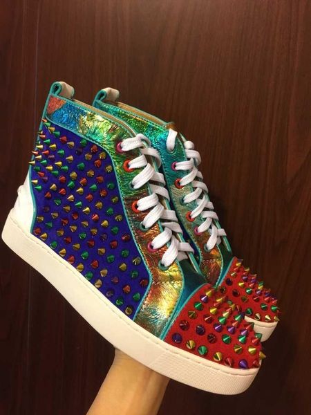 new design mens women colorful leather with black spikes lace up red bottom high sneakers,couples casual flats shoes with box
new design mens women colorful leather with black spikes lace up red bottom high sneakers,couples casual flats shoes with box