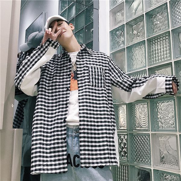 2019 spring new japanese college wind men's casual trend long-sleeved personality plaid shirt lapel youth popular party, White;black
2019 spring new japanese college wind men's casual trend long-sleeved personality plaid shirt lapel youth popular party, White;black