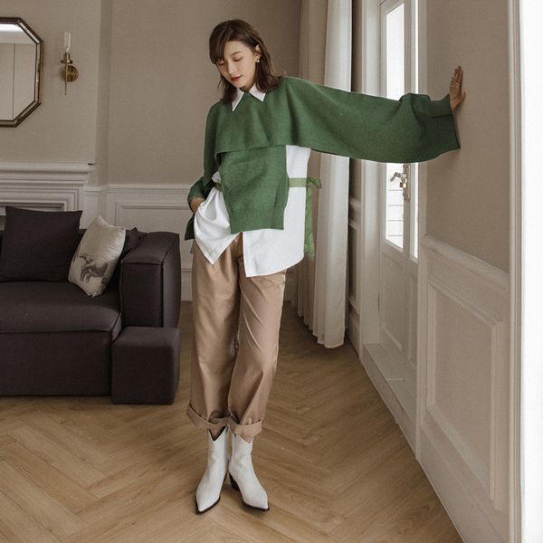 autumn and winter new two piece pullover vest sweater solid lace up loose sweater knitwear women plus size women, White;black
