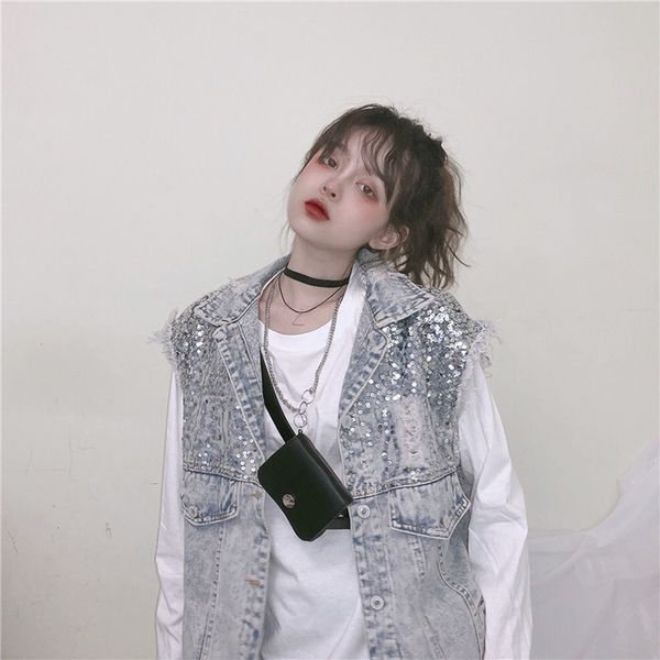 2019 autumn women vest coat sequins beading ripped denim vest turn down collar women chaleco mujer gilet casaco feminino, Black;white
2019 autumn women vest coat sequins beading ripped denim vest turn down collar women chaleco mujer gilet casaco feminino, Black;white