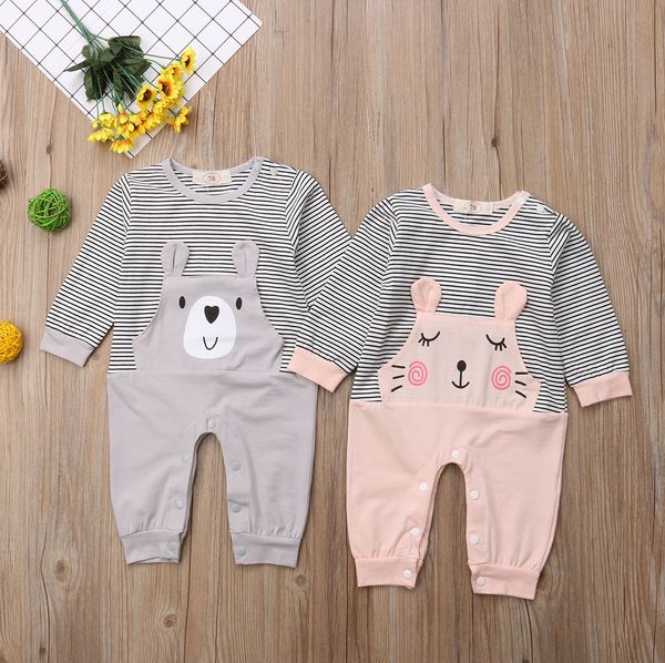 Newborn Baby Kids Boys Girls Infant Romper Striped Cartoon Bunny Bear Jumpsuit Spring Autumn Toddlers Cotton Outfit Set