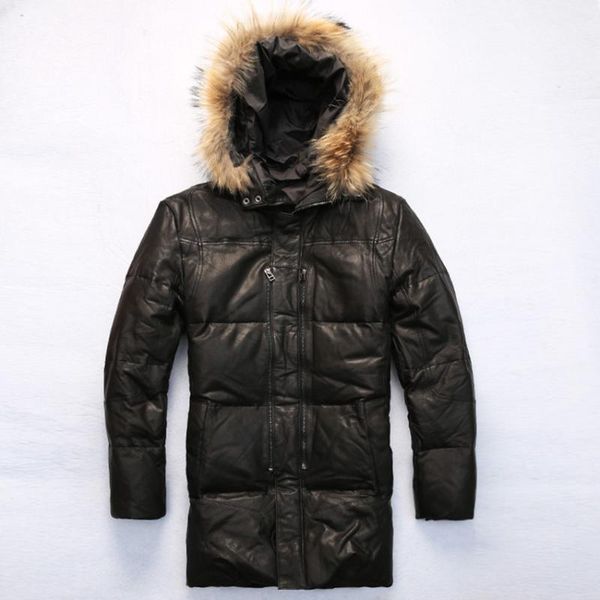 men's leather & faux fur real reccoon hooded white duck jacket slim fit down for male sheepskin winter coat men, Black
men's leather & faux fur real reccoon hooded white duck jacket slim fit down for male sheepskin winter coat men, Black