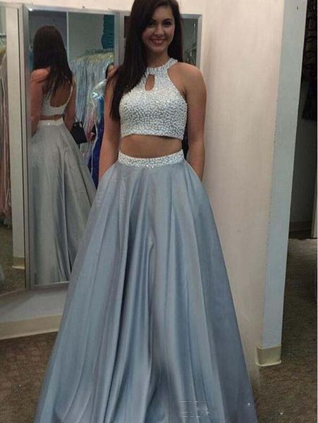 two piece prom dresses with pockets 2019 halter pearls beads sequins satin skirt a-line party evening dress formal gowns, Black
two piece prom dresses with pockets 2019 halter pearls beads sequins satin skirt a-line party evening dress formal gowns, Black