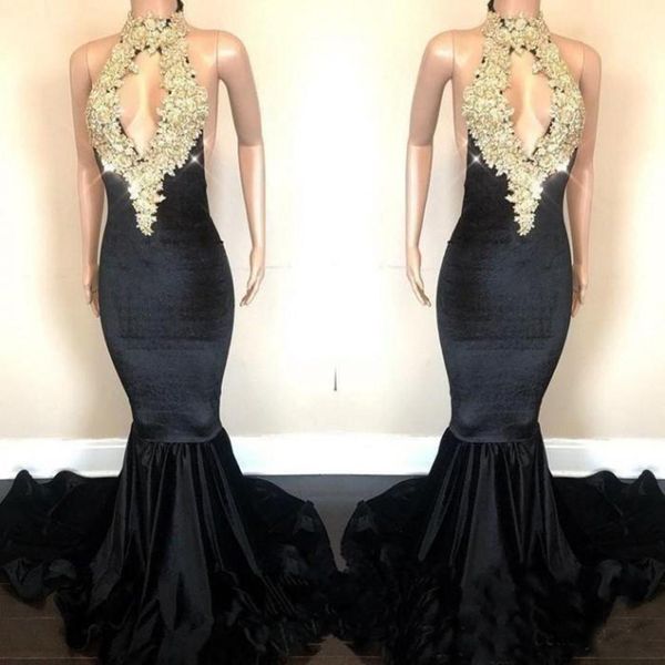 Real Images Mermaid Prom Dresses Long 2019 Open Back Gold Appliques Sequins Halter Neck Keyhole Front Long Evening Gowns Customized
Real Images Mermaid Prom Dresses Long 2019 Open Back Gold Appliques Sequins Halter Neck Keyhole Front Long Evening Gowns Customized