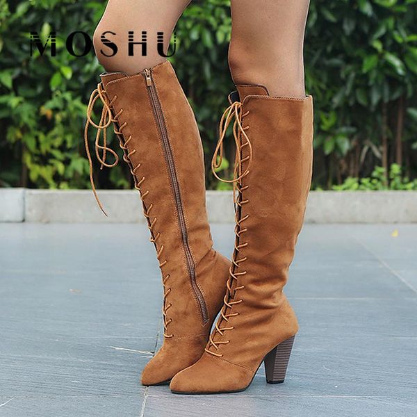 knee high boots women winter shoes woman fashion suede zip pointed toe high heel lady pumps square heel botines mujer 2019, Black