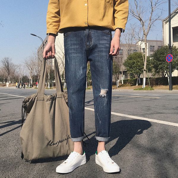 2019 spring and summer new hot korean version of the couple casual men's hole sports denim pants cotton large size hip hop best, Blue
2019 spring and summer new hot korean version of the couple casual men's hole sports denim pants cotton large size hip hop best, Blue