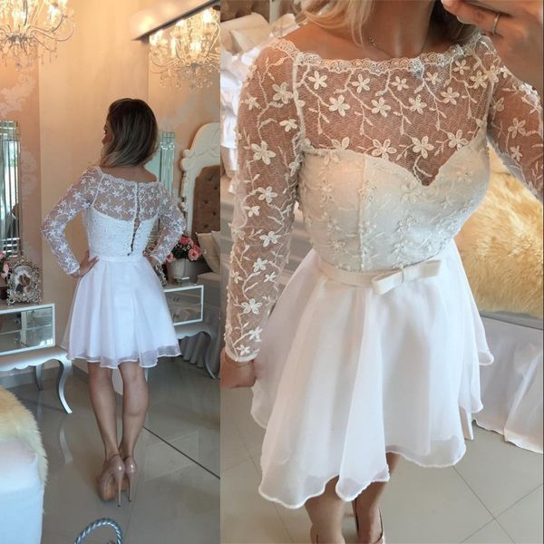 beautiful white lace cocktail dress long sleeve bateau neck covered button chiffon homecoming dresses with appliques, Black
beautiful white lace cocktail dress long sleeve bateau neck covered button chiffon homecoming dresses with appliques, Black