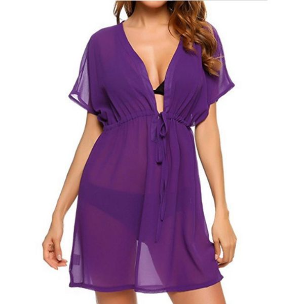 women short sleeve drawstring waist chiffon solid lace up beach above knee, mini bikini cover up casual, Blue;gray
women short sleeve drawstring waist chiffon solid lace up beach above knee, mini bikini cover up casual, Blue;gray