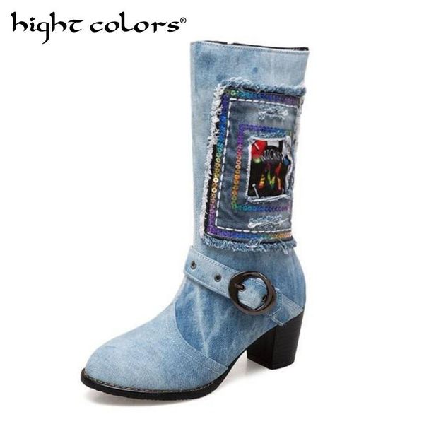 2018 winter new women's boots thick heel mid calf boots beige grey snake pu / linen belt buckle female knight size 40-43, Black