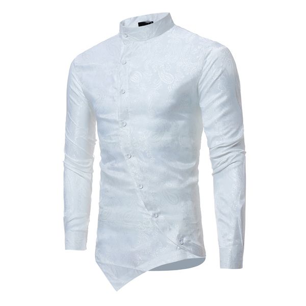 floral shirt men fashion golden foil print mens dress shirts slim fit irregular slant button design homme size s-xxl, White;black 
floral shirt men fashion golden foil print mens dress shirts slim fit irregular slant button design homme size s-xxl, White;black