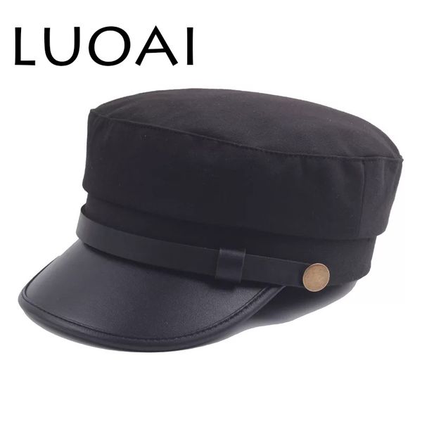 luoai 2020 sale beret fashion men's and women's navy cap with leather retro outdoor running hat female winter warm hat, Blue;gray