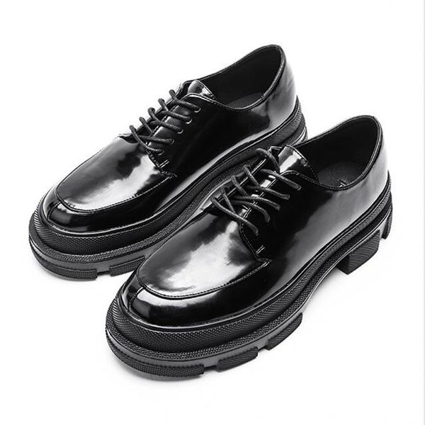 

thick-soled platform shoes new patent leather lace-up casual shoes women's spring models increase wild thick heel women, Black