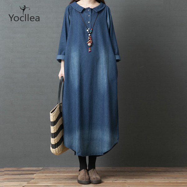 large size dress 2019 autumn new korean style loose waist fashionable long sleeve denim shirt long dresses, Black;gray
large size dress 2019 autumn new korean style loose waist fashionable long sleeve denim shirt long dresses, Black;gray