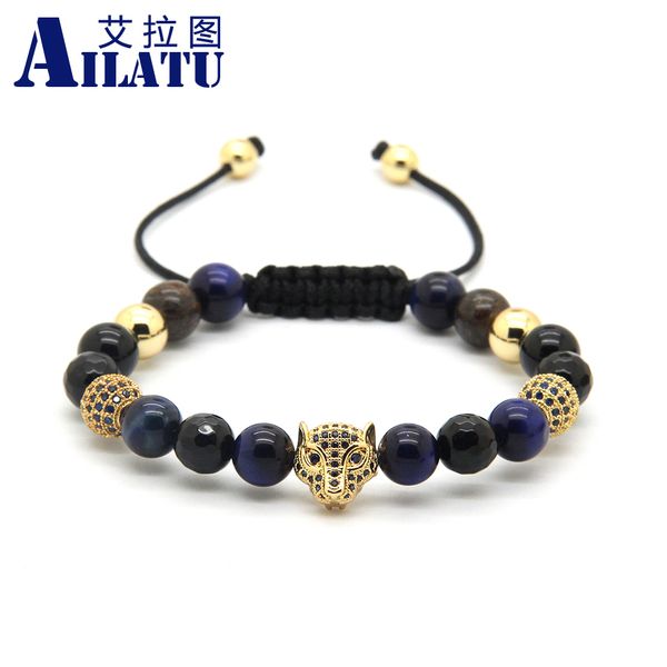 ailatu 8mm blue tiger eye stone beads with micro paved blue zircons macrame leopard bracelets, Golden;silver 
ailatu 8mm blue tiger eye stone beads with micro paved blue zircons macrame leopard bracelets, Golden;silver