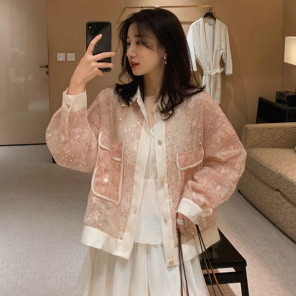 fairy perspective sunscreen gauze spliced jacket sequins mesh pink thin coat loose cardigan single-breasted, Black;brown
fairy perspective sunscreen gauze spliced jacket sequins mesh pink thin coat loose cardigan single-breasted, Black;brown