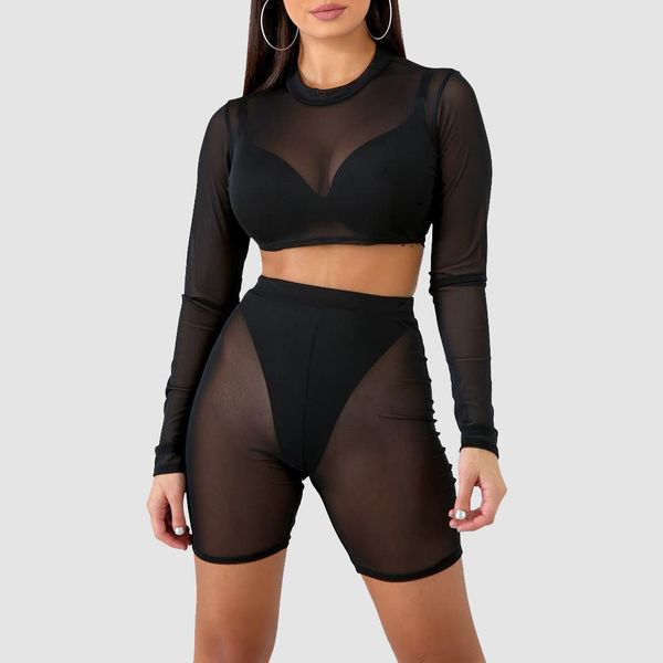 women's mesh long-sleeved shorts swimwear sexye crop shorts 2-pieces summer autumn women fashion casual sports sets, White;black
women's mesh long-sleeved shorts swimwear sexye crop shorts 2-pieces summer autumn women fashion casual sports sets, White;black