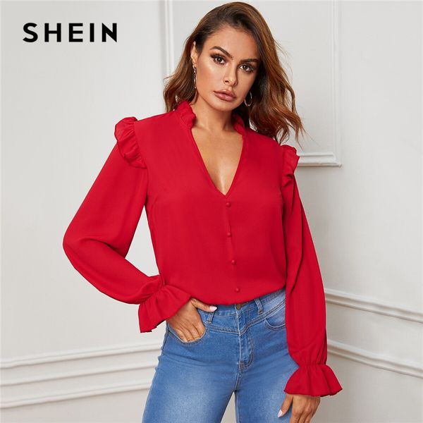 shein red ruffle trim buttoned front v neck blouse women spring autumn sheer blouses flounce long sleeve solid elegant, White
shein red ruffle trim buttoned front v neck blouse women spring autumn sheer blouses flounce long sleeve solid elegant, White