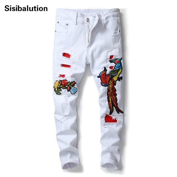 2018 new men's causal white ripped skinny jeans phoenix bird rose embroidered male patches elastic denim pants, Blue
2018 new men's causal white ripped skinny jeans phoenix bird rose embroidered male patches elastic denim pants, Blue