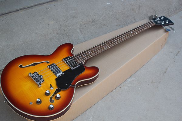 4 strings brown semi hollow electric bass with flame maple veneer,black pickguard,offering customized services
4 strings brown semi hollow electric bass with flame maple veneer,black pickguard,offering customized services