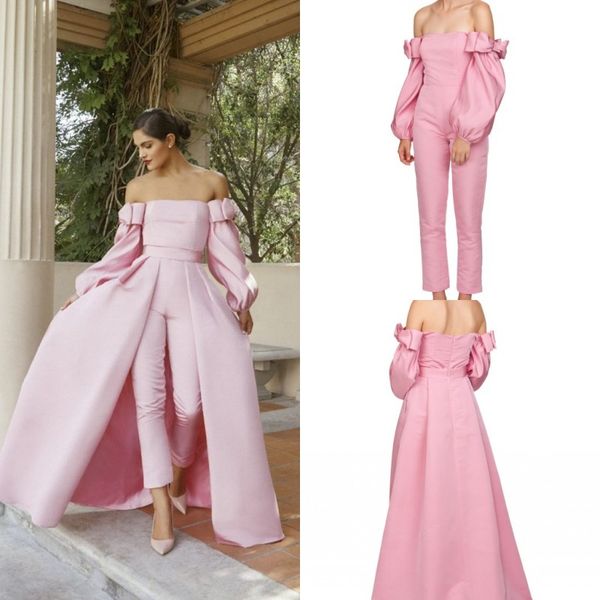 2019 pink prom jumpsuits with detachable overskirts off the shoulder satin evening dress custom made formal occasion gowns, Black
2019 pink prom jumpsuits with detachable overskirts off the shoulder satin evening dress custom made formal occasion gowns, Black