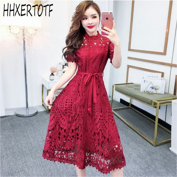 2020 summer single breasted lace dress hollow-out stand collar short sleeve dresses with belt, Black;gray
2020 summer single breasted lace dress hollow-out stand collar short sleeve dresses with belt, Black;gray