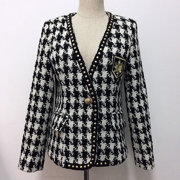 high street new fashion 2019 designer jacket women's single button rivet plaid tweed wool coat jacket, Black
high street new fashion 2019 designer jacket women's single button rivet plaid tweed wool coat jacket, Black