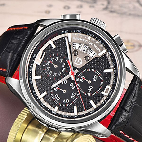 42mm pagani black dial multifunctional quartz watch men's red leather strap sports watch, Slivery;brown
42mm pagani black dial multifunctional quartz watch men's red leather strap sports watch, Slivery;brown