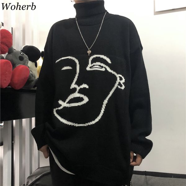 woherb turtleneck long sleeve sweater women abstract jacquard harajuku vintage pullovers jumpers korean fashion bf style 91363, White;black
woherb turtleneck long sleeve sweater women abstract jacquard harajuku vintage pullovers jumpers korean fashion bf style 91363, White;black