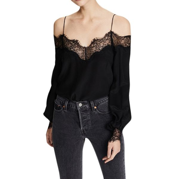 women sling strapless v collar lace stitching trim solid color long sleeve chiffon blouse l1 j1, White
women sling strapless v collar lace stitching trim solid color long sleeve chiffon blouse l1 j1, White