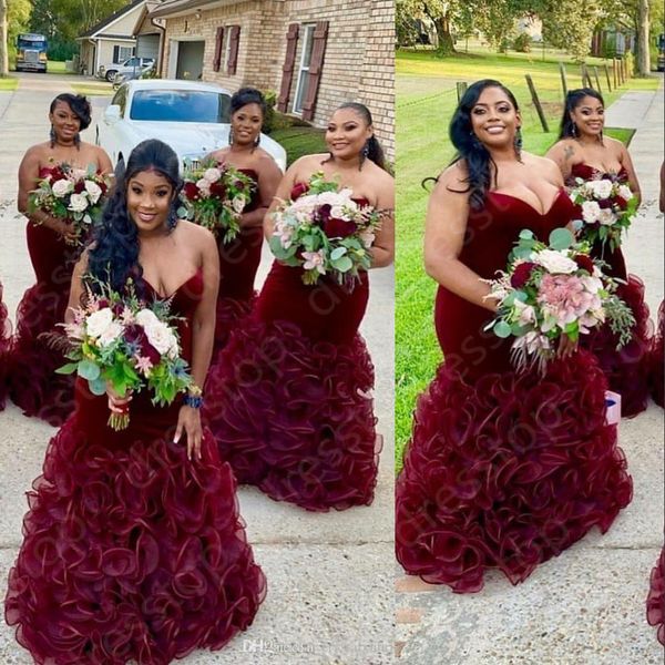 african burgundy velvet country bridesmaids dresses mermaid sweetheart sleeveless backless ruffle floor length wedding guest gowns, White;pink
african burgundy velvet country bridesmaids dresses mermaid sweetheart sleeveless backless ruffle floor length wedding guest gowns, White;pink