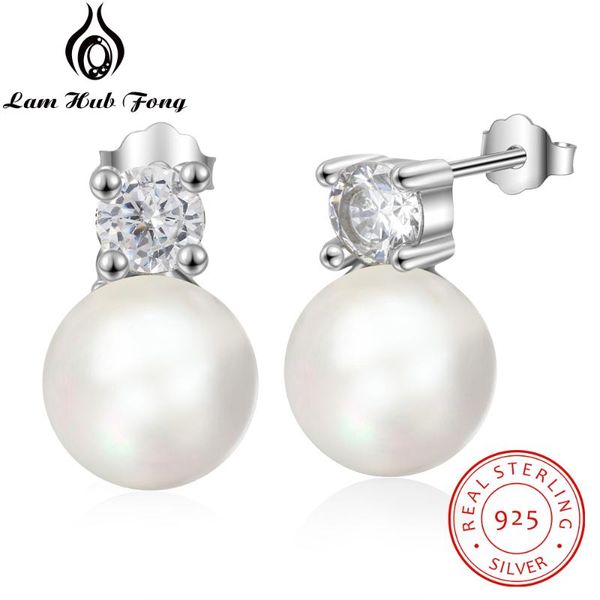 pearl earrings jewelry 925 sterling silver round white pearl stud earrings korean silver 925 jewelry (lam hub fong, Golden;silver