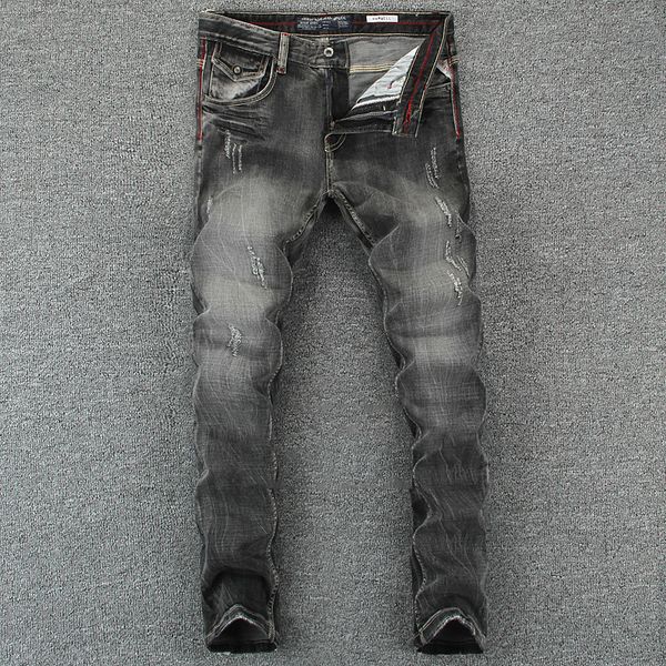 black gray color denim mens jeans slim fit classic ripped jeans for men brand clothing italian style stripe, Blue
black gray color denim mens jeans slim fit classic ripped jeans for men brand clothing italian style stripe, Blue