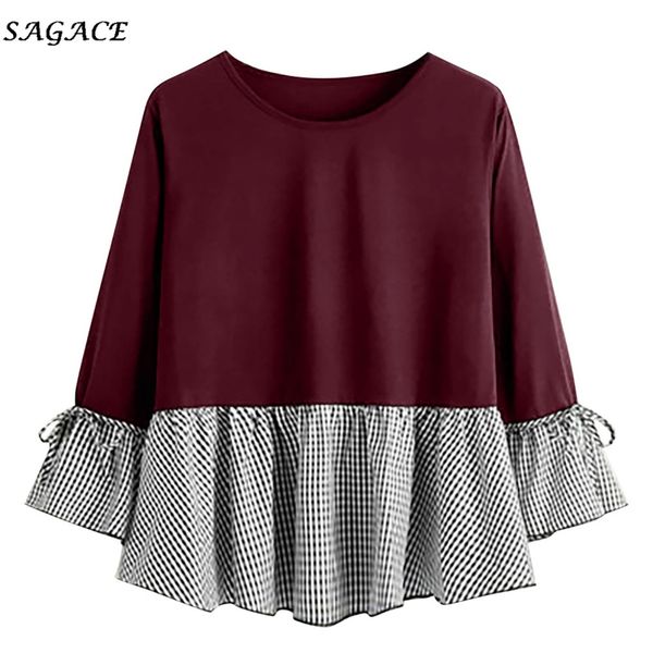 

sagace women plus size long sleeve ruffles bow tie o-neck t-shirt fashion long-sleeve spring pullover ladies, White