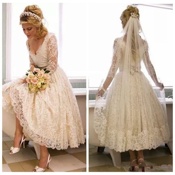 2019 vintage tea length lace beach wedding dresses v neck sheer long sleeve modest short bridal gowns for garden country custom, White
2019 vintage tea length lace beach wedding dresses v neck sheer long sleeve modest short bridal gowns for garden country custom, White