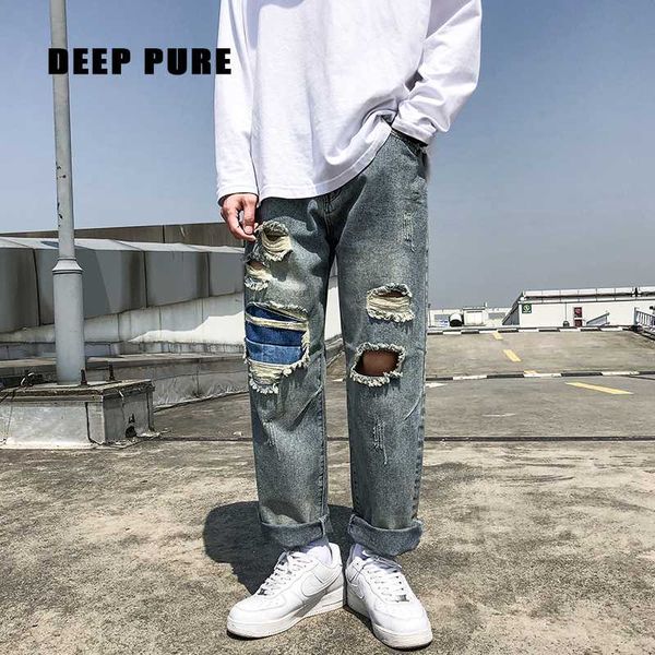 men jeans streetwear full length wide leg harem pants washed denim hole patch straight tube, Blue
men jeans streetwear full length wide leg harem pants washed denim hole patch straight tube, Blue