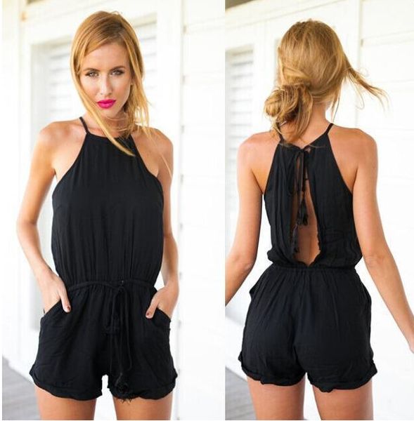 casual beach style playsuits woman solid white black summer sleeveless halter female playsuits2, Black;white
casual beach style playsuits woman solid white black summer sleeveless halter female playsuits2, Black;white