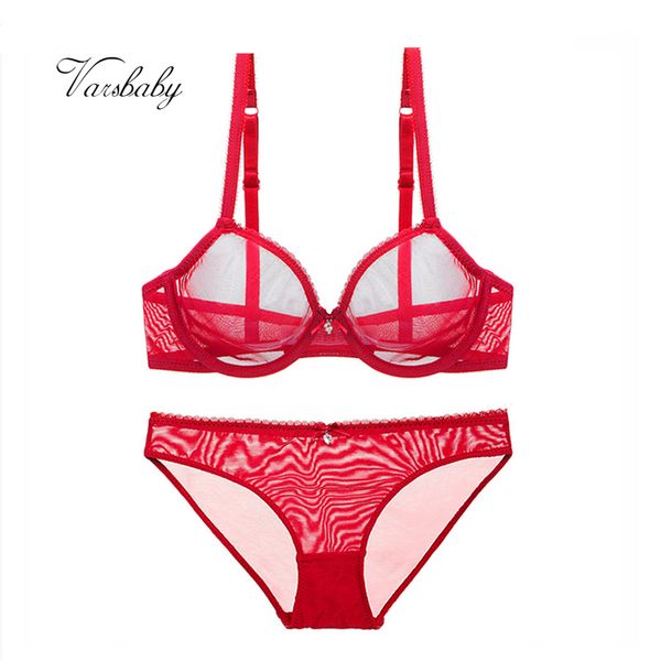 bras sets varsbaby big red see-through yarn lingerie set rhinestone bow transparent bra and panty, Red;black