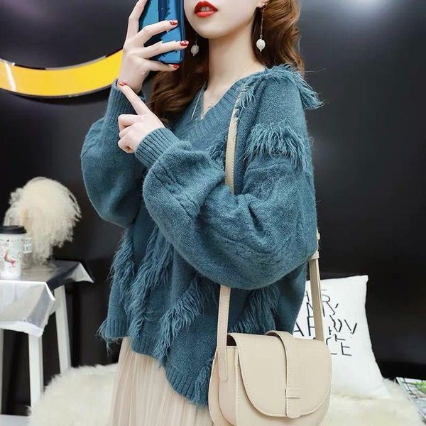 women fashion tassel knitted sweater 2019 autumn winter loose fringe sweater casual v neck jumper pullover, White;black
women fashion tassel knitted sweater 2019 autumn winter loose fringe sweater casual v neck jumper pullover, White;black