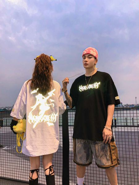 reflective short sleeve t-shirt men's fashion brand trend 2020 couple summer clothes design sense ins net red clothes, White;black
