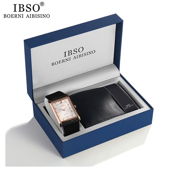 

ibso brand men's quartz wallet watch set 7mm ultra-thin rectangle dial quartz wristwatch genuine leather strap watch gift set, Slivery;brown